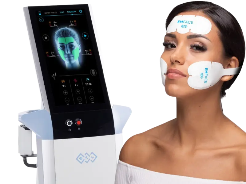 BTL EMFACE system beside a client wearing EMFACE applicator pads on her forehead and cheeks